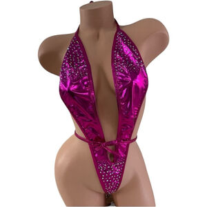 Women's Pink Metallic Rhinestone One Piece Teddy